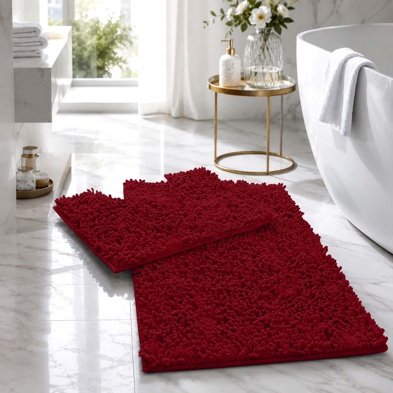 Deep Red 1 2Piece Loop Bath Mat Set - Deep Red