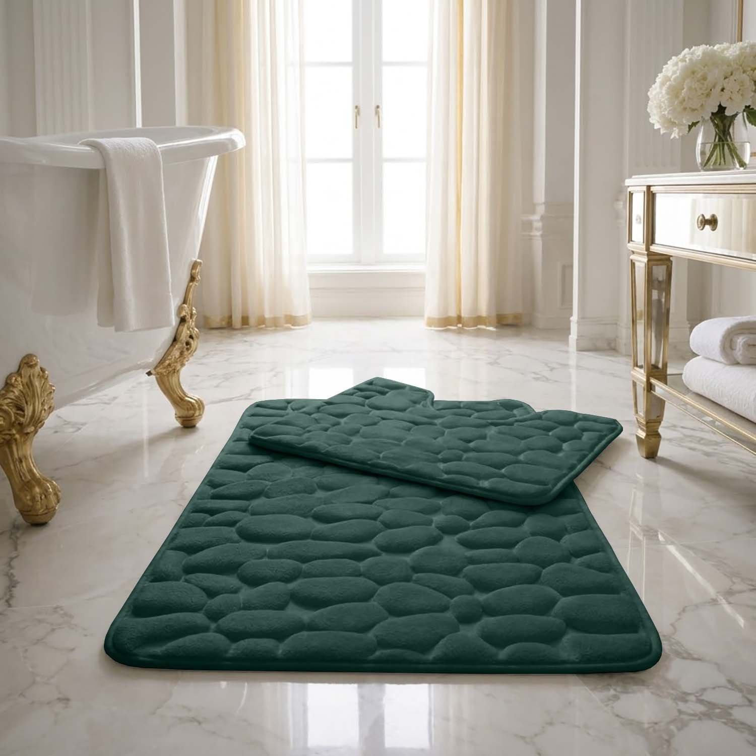 Green 1 Luxury Pebbles Bathroom Mat 2 Piece - Green