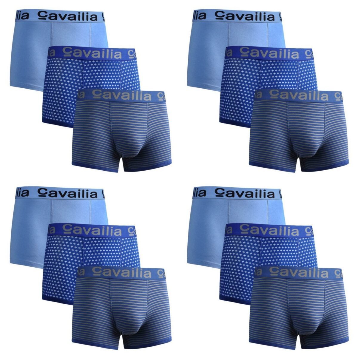 12 Pack Cotton Boxer Shorts – Blue Stripes & Dots