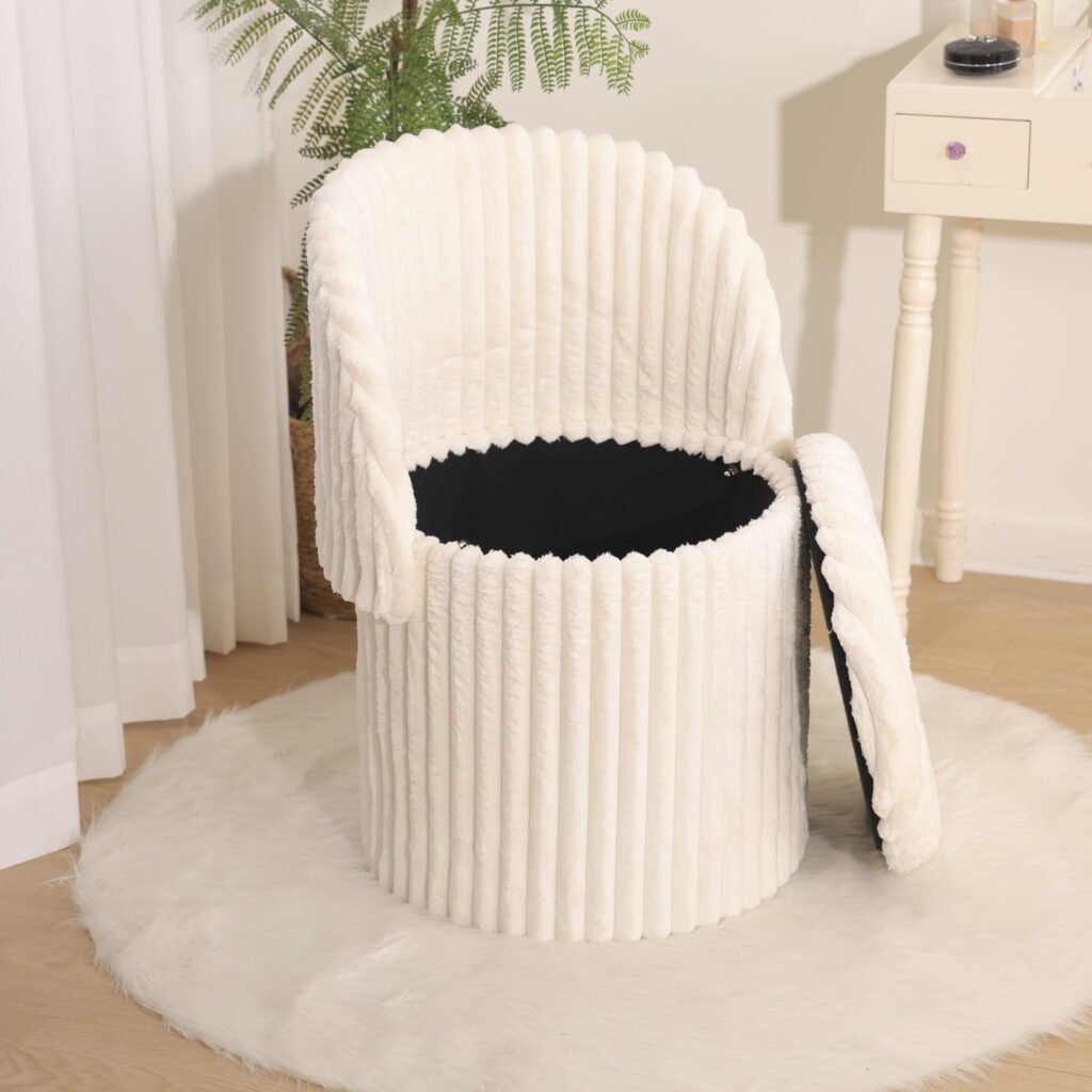 Modern Ribbed Velvet Storage Stool - Cream