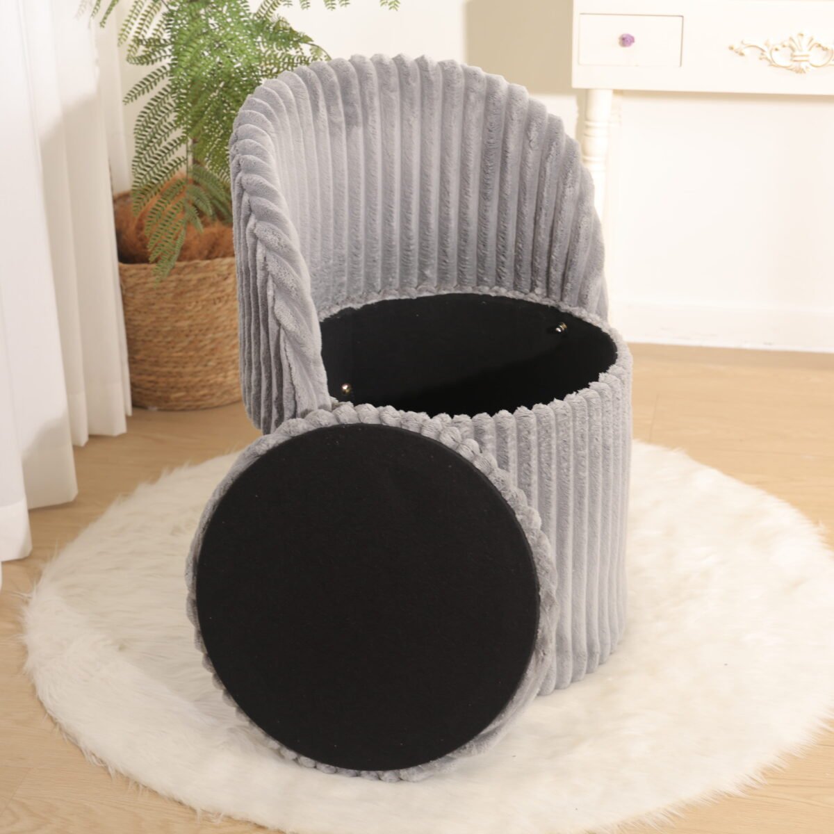 Modern Ribbed Velvet Storage Stool - Grey