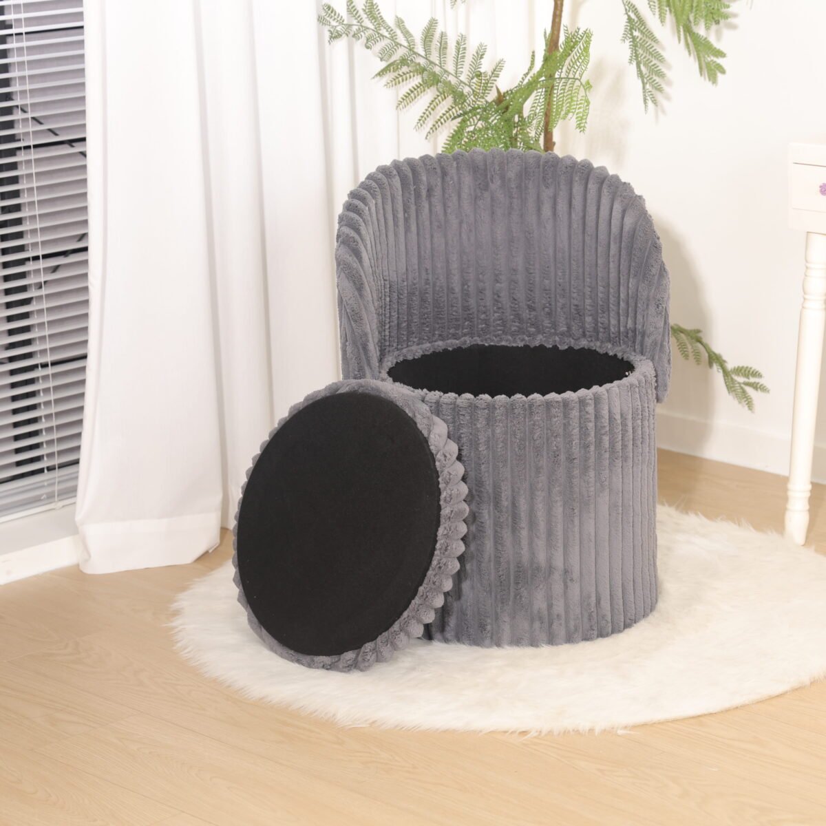 Modern Ribbed Velvet Storage Stool - Charcoal