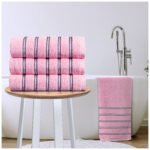 Soft Cotton Striped Bath Towels Set - Pink