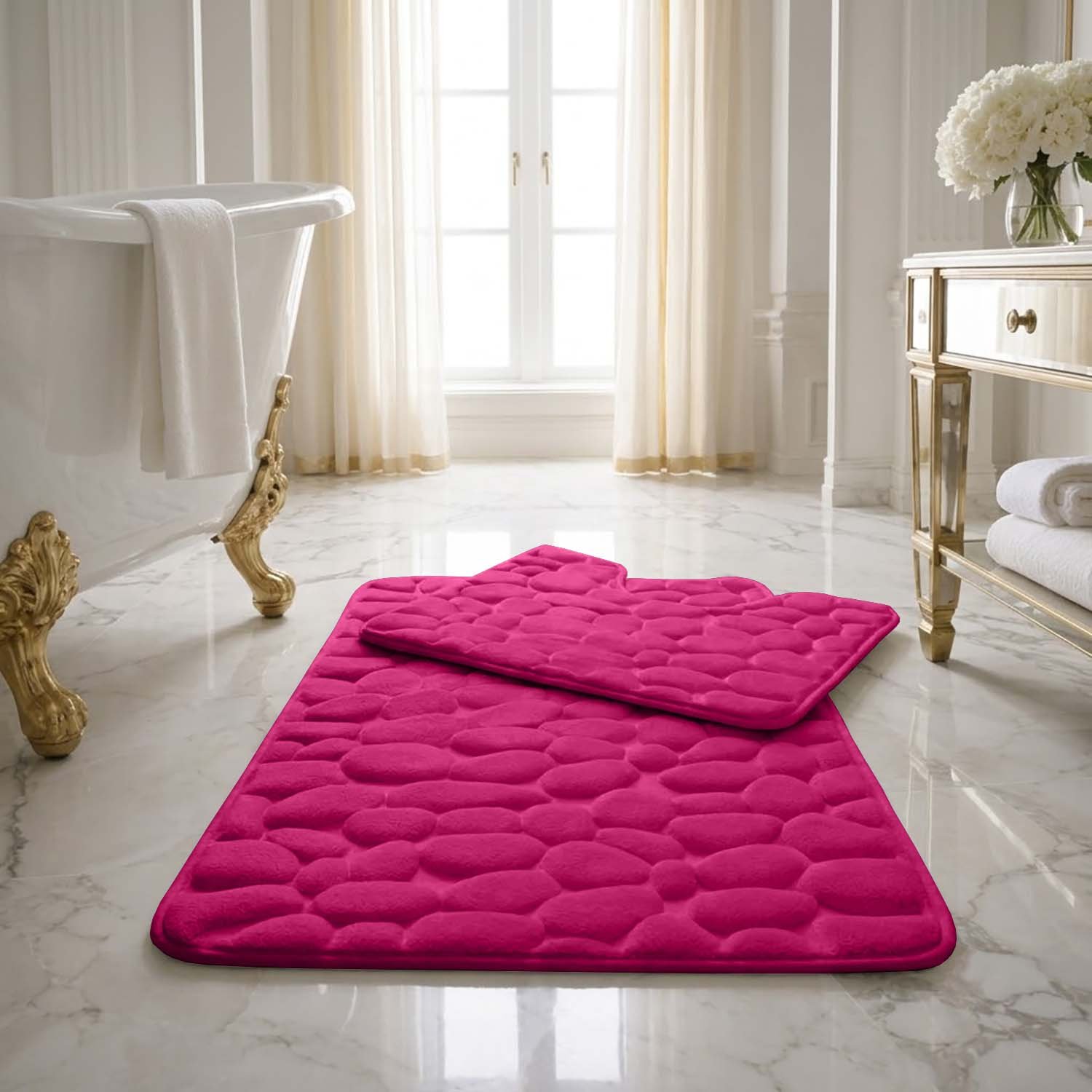Pink 1 Luxury Pebbles Bathroom Mat 2 Piece - Pink