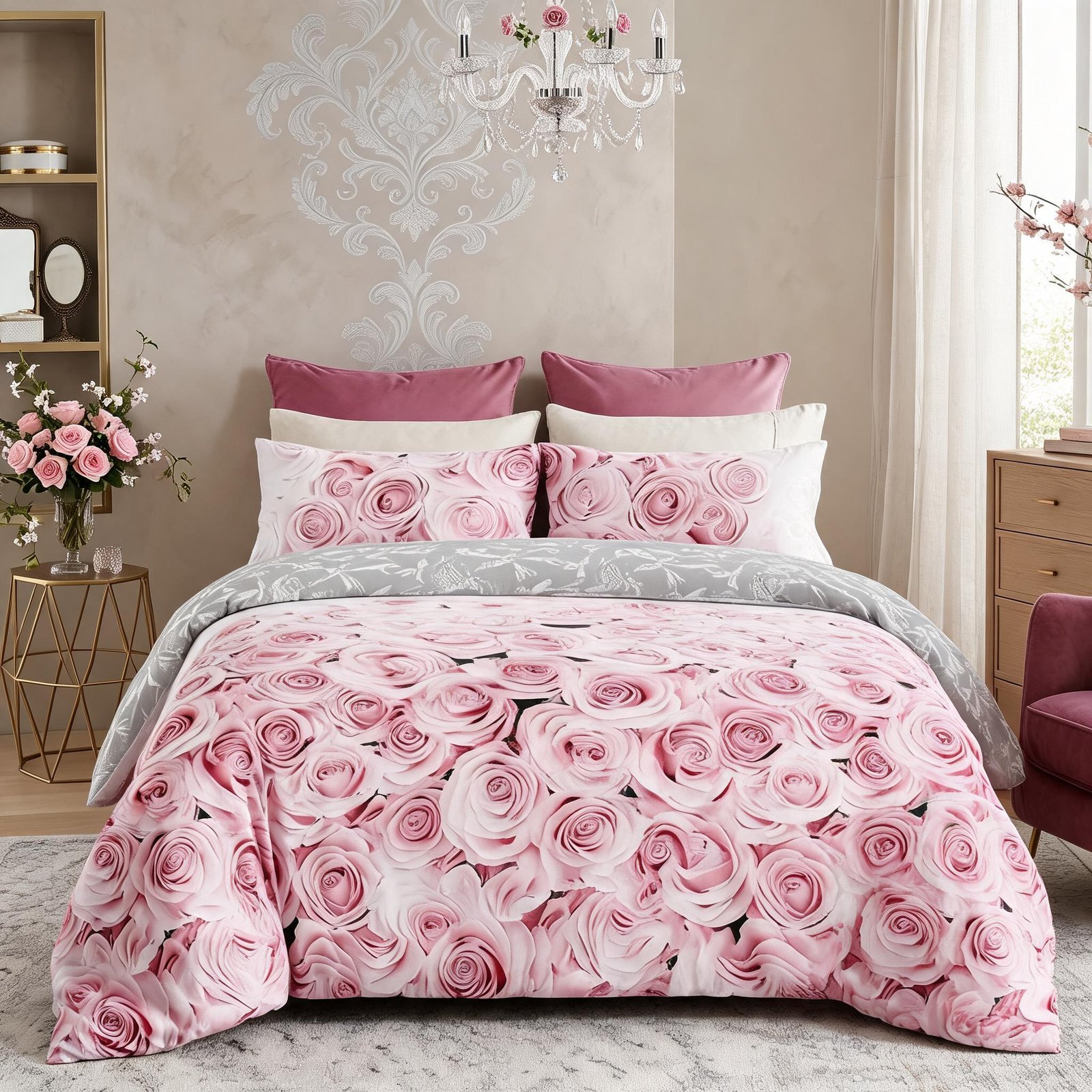Pink 2 Reversible Flowers Duvet Cover Set - Pink