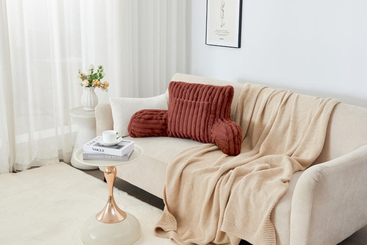 RUST (10) Cosy Heated Ribbed Cuddle Cushion with Armrest Support - Rust