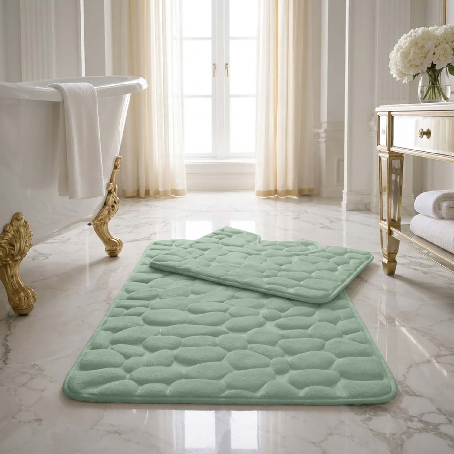 Sage Green 1 Luxury Pebbles Bathroom Mat 2 Piece - Sage Green