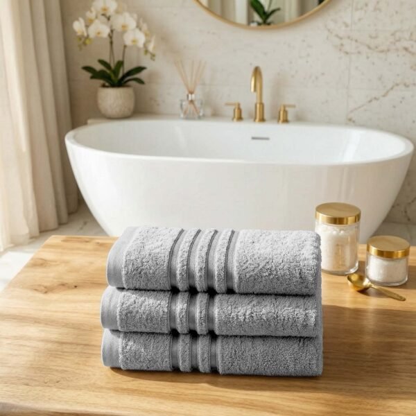 3 Pack Stripe Cotton Towel Sets - Silver