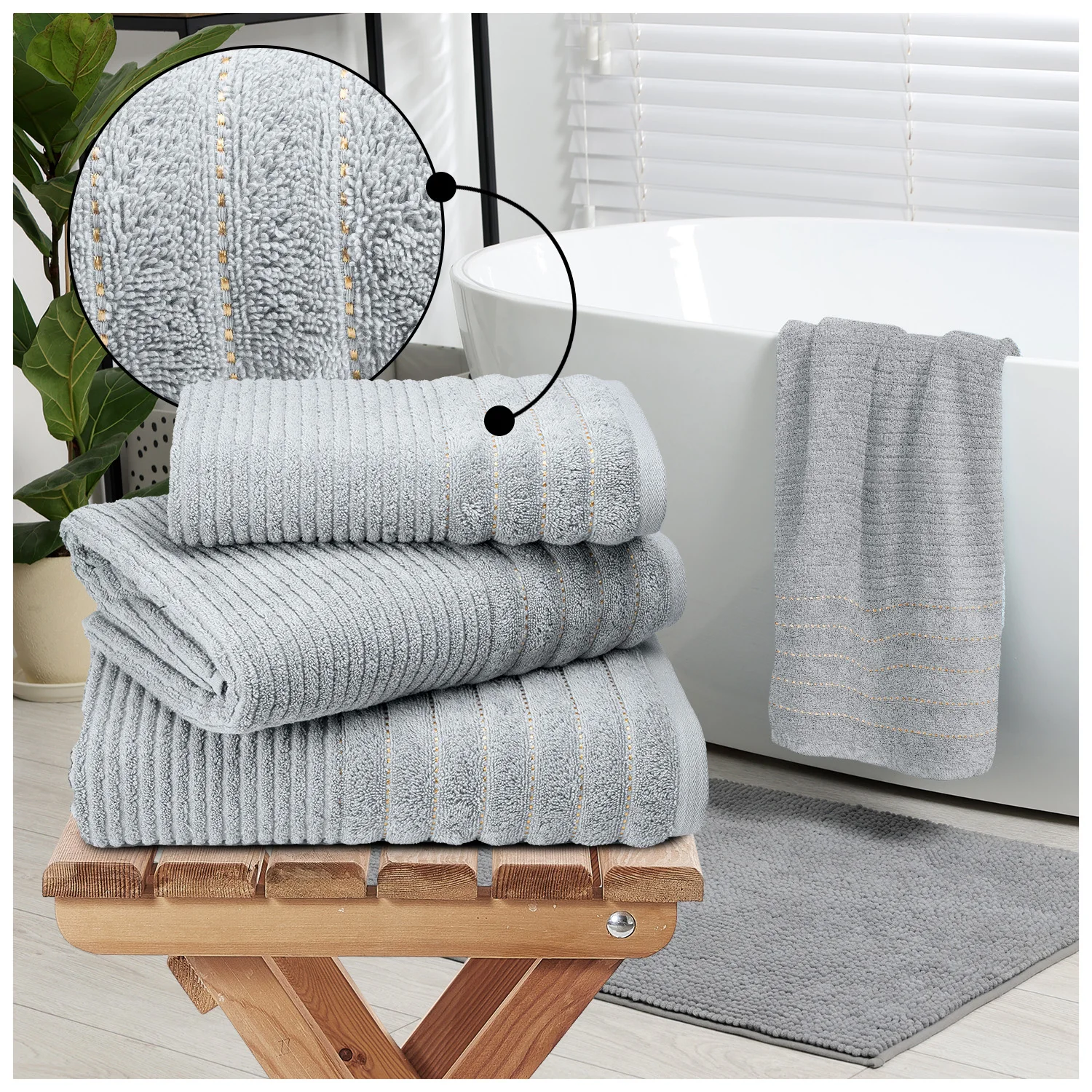 Silver-Image-1-copy 2 Pack Luxury Paris Ribbed Cotton Towel Set - Silver