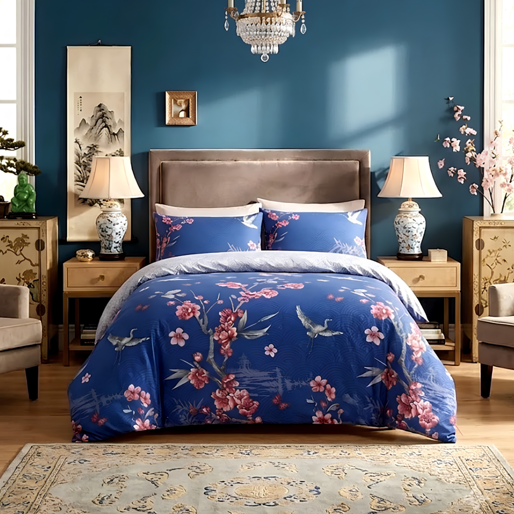 Reversible Botanical Birds Duvet Cover Set - Navy
