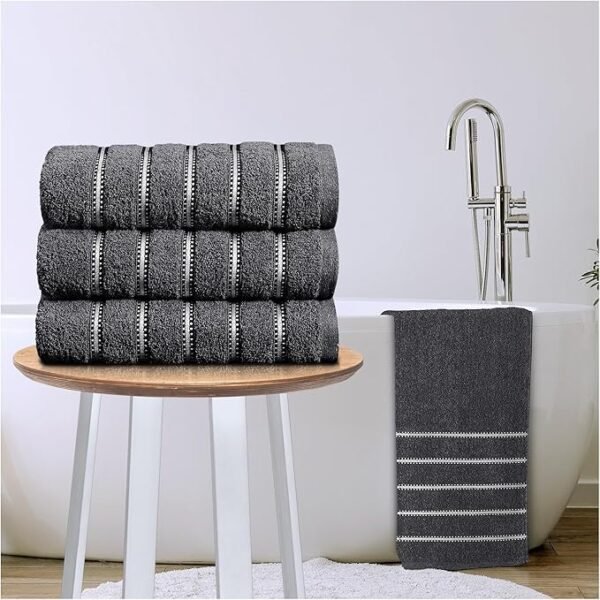 Soft Cotton Striped Bath Towels Set - Charcoal