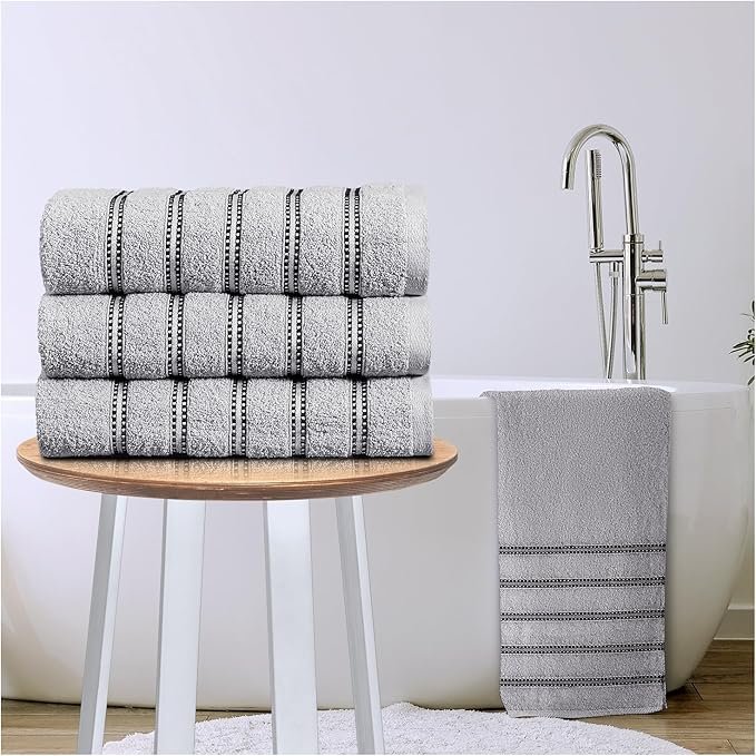 Soft Cotton Striped Bath Towels Set - Grey