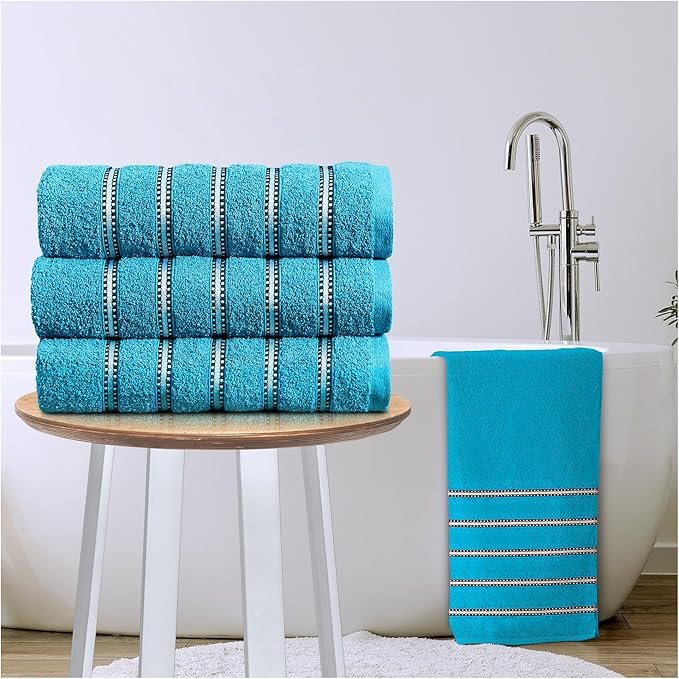 Soft Cotton Striped Bath Towels Set - Teal