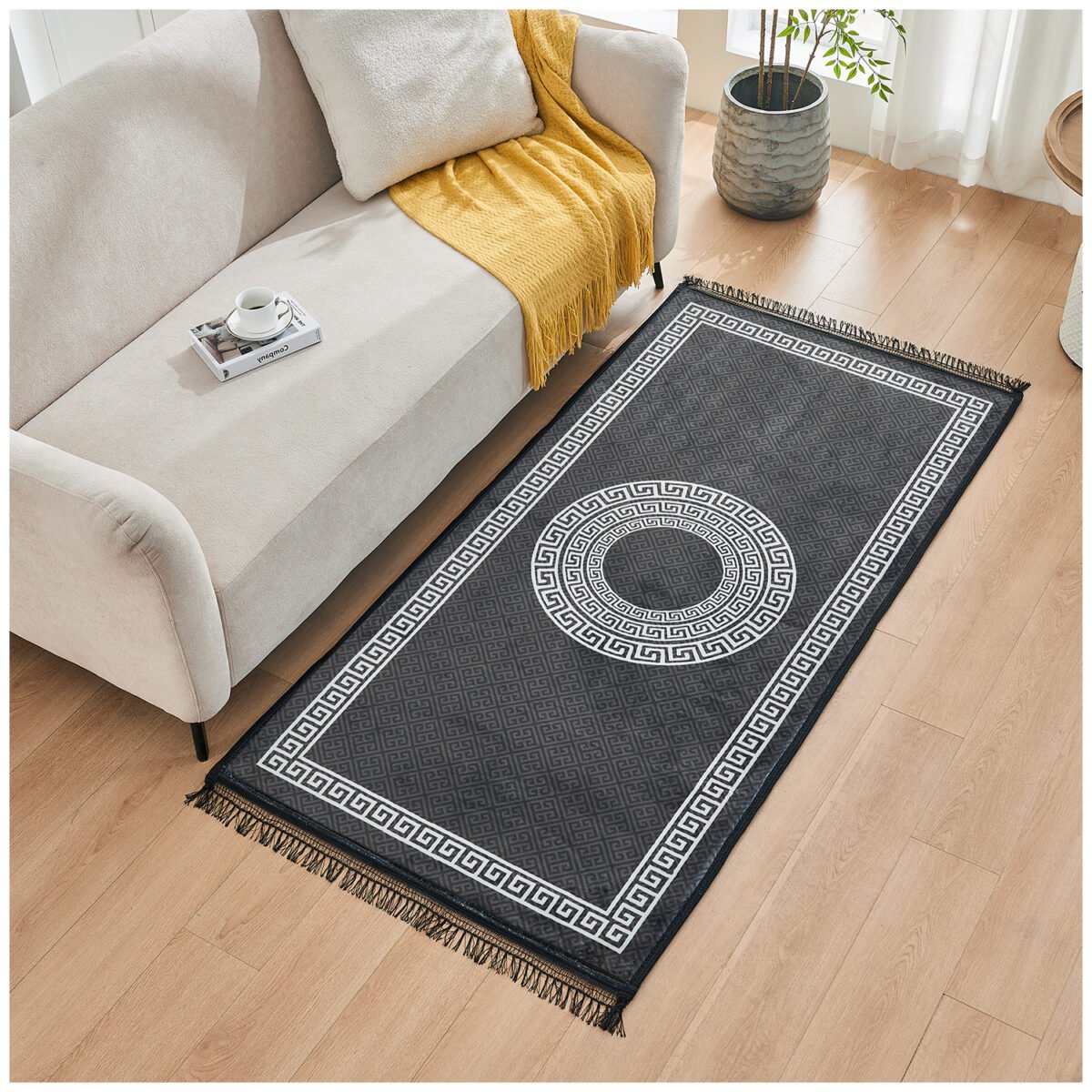 Modern Living Room Greek Key Rug - Charcoal