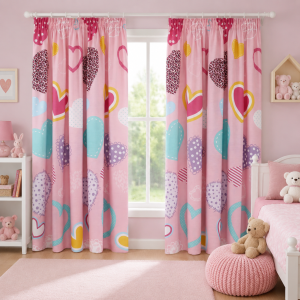 Luxury Kids Heart Print Blackout Curtains - Pink