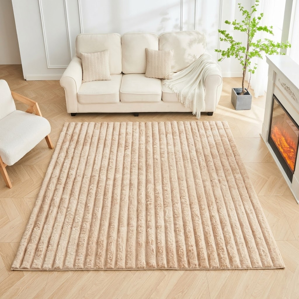 Premium Ribbed Soft Living Room Rug - Natural