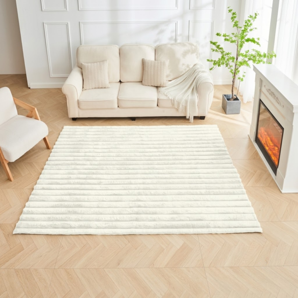 Premium Ribbed Soft Living Room Rug - Cream