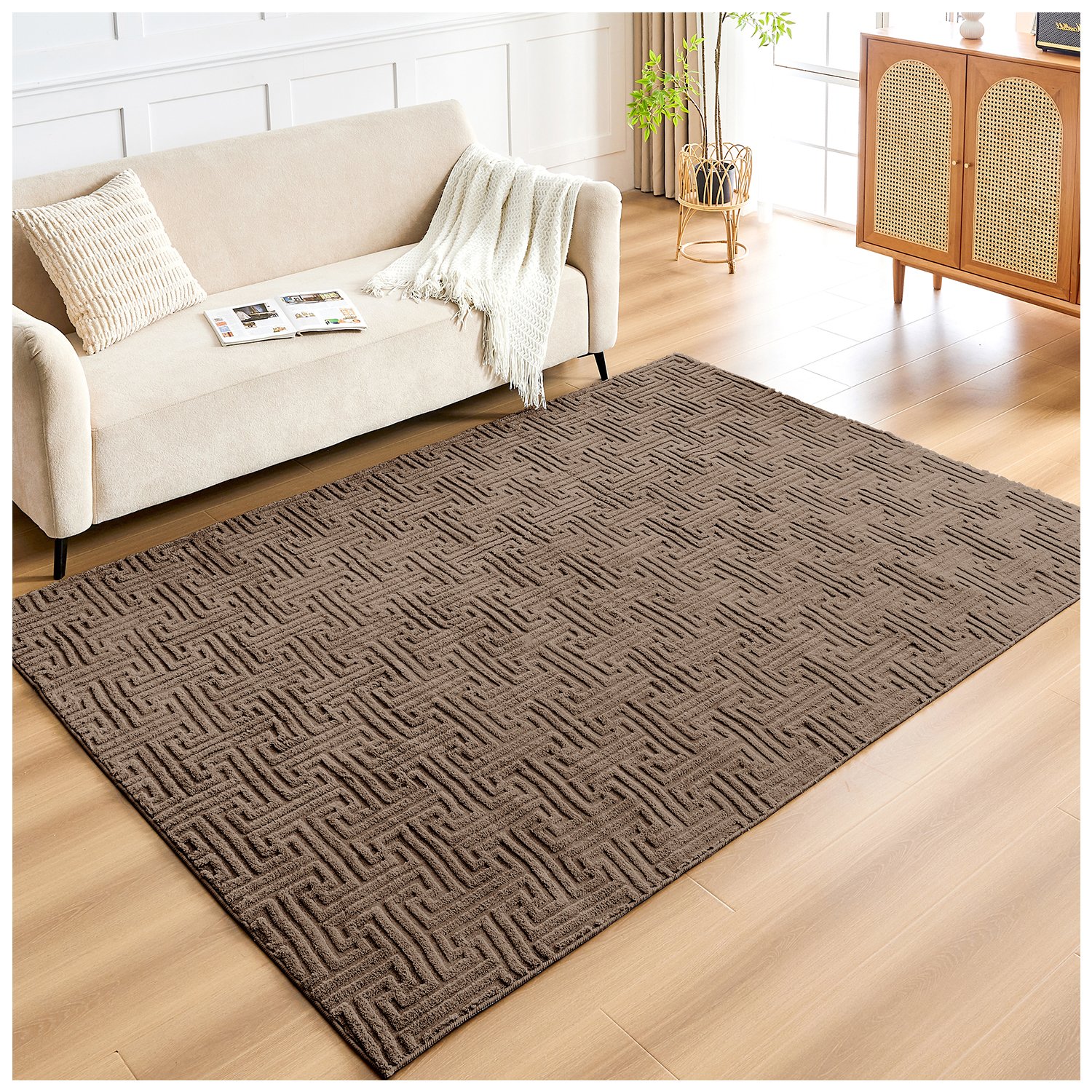 civilArt Elegant Geometric Greek Key Area Rug - Natural