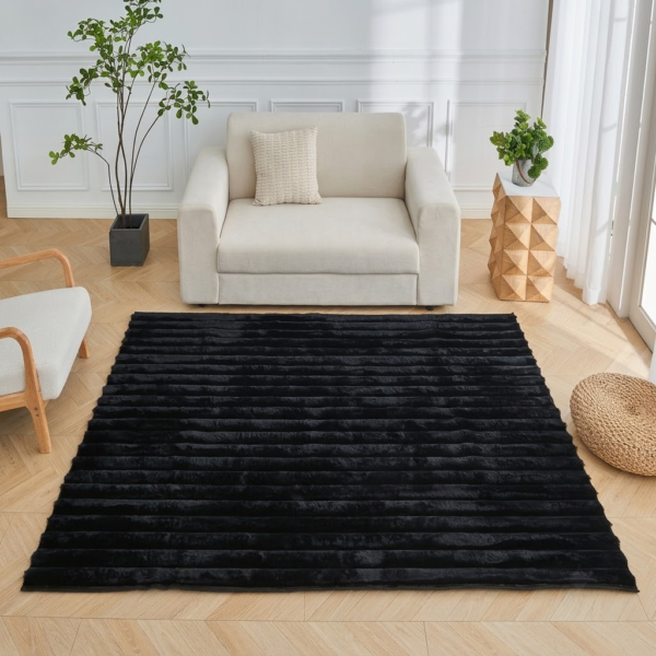 Premium Ribbed Soft Living Room Rug - Black