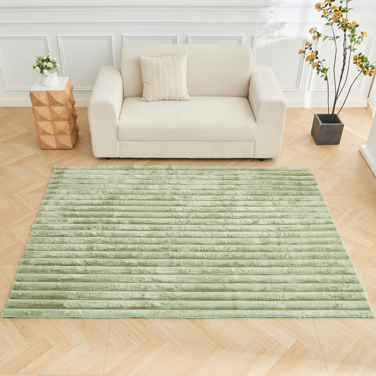 Premium Ribbed Soft Living Room Rug - Sage Green