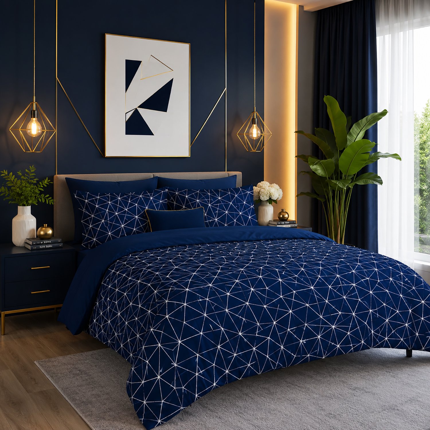 1 Modern Geometric Duvet Cover Set - Navy