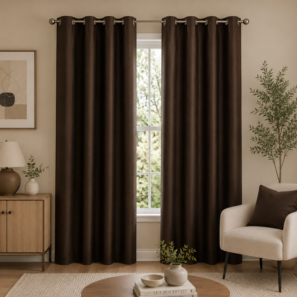 1 Luxury Smooth Finish Eyelet Curtains - Brown