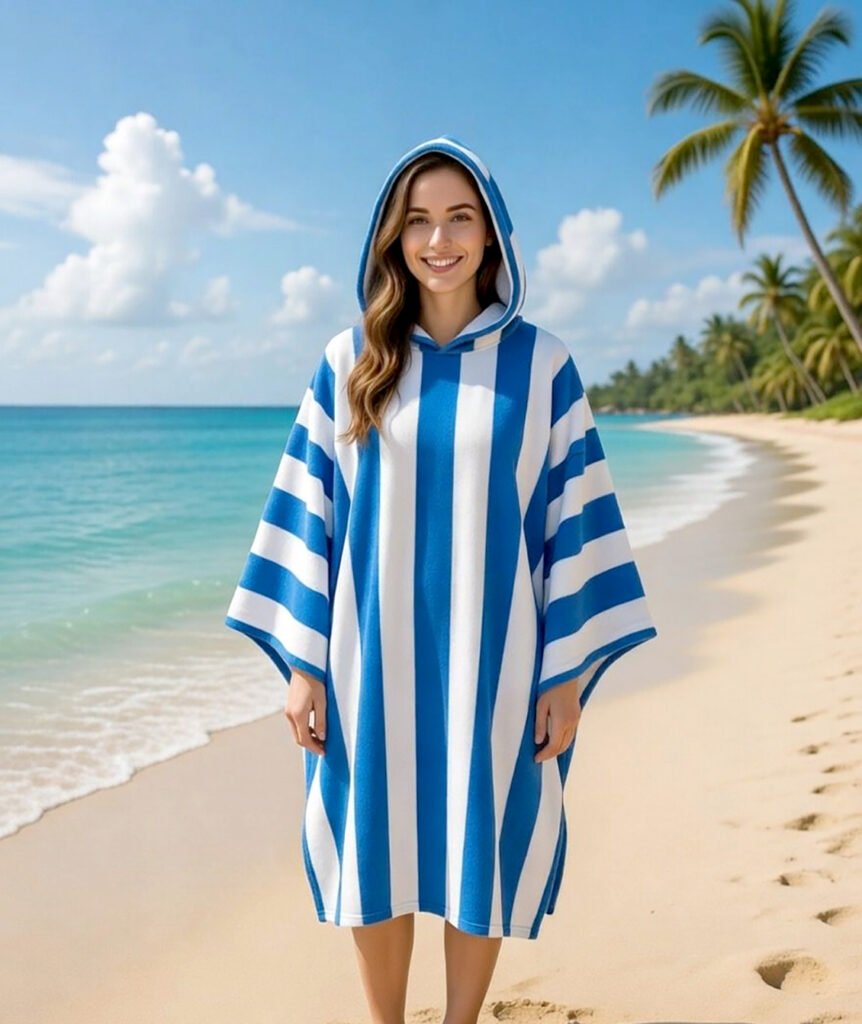 Luxury Cabana Stripe Beach Poncho - blue