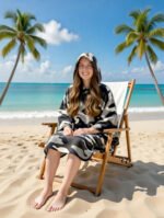 Luxury Contrast Stripe Beach Poncho - Navy Blue