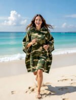 Luxury Contrast Stripe Beach Poncho - Khaki Green