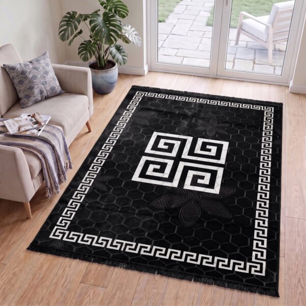 Luxury Greek Pattern Faux Fur Rug – Black