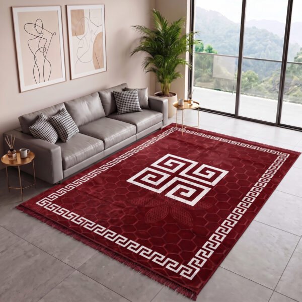 Luxury Greek Pattern Faux Fur Rug – Burgundy