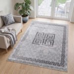 Luxury Greek Pattern Faux Fur Rug – Silver