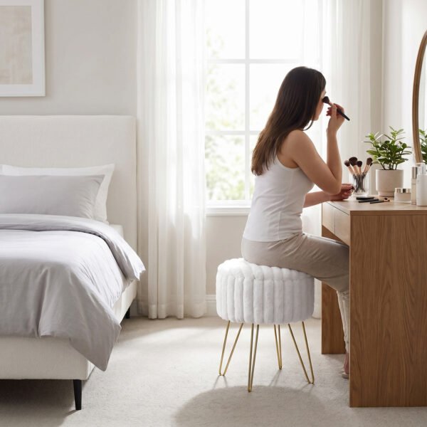 Elegant Ribbed Storage Stool With Hairpin Legs - Cream